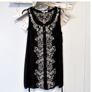 Mono Reno Black Embroidered Boho‎ Floral Tunic Mini Dress Size Large